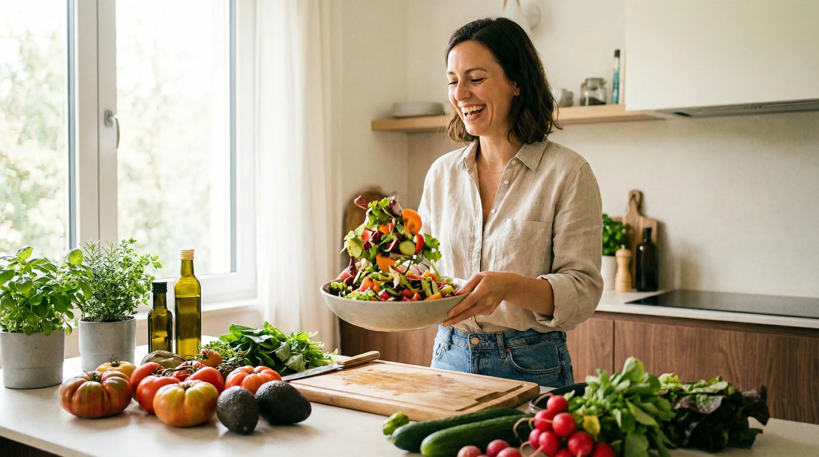 Žena připravuje zdravé jídlo v kuchyni
